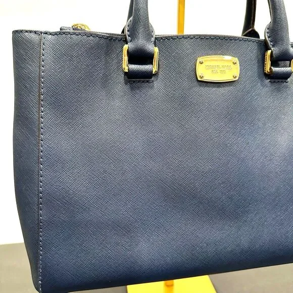 Michael Kors Kellen Medium Satchel Navy Blue Saffiano Leather Gold Hardware - Picture 2 of 15